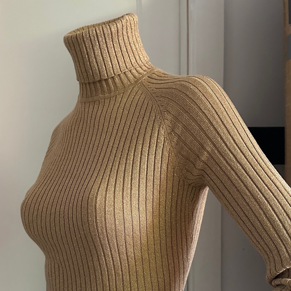INC international concept Stunning gold sparkly beige Ribbed Turtleneck Sweater